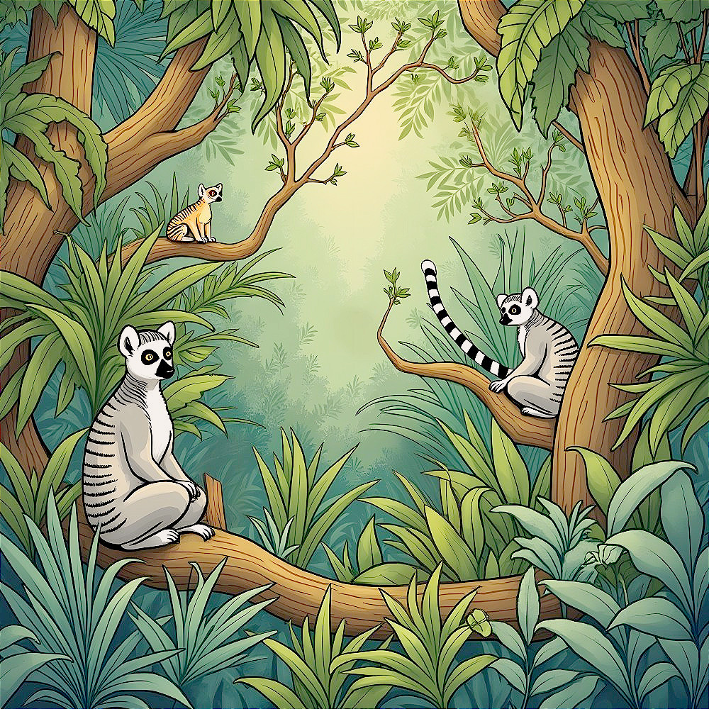 Vibrant Jungle Scene with Lemurs and Lush Foliage