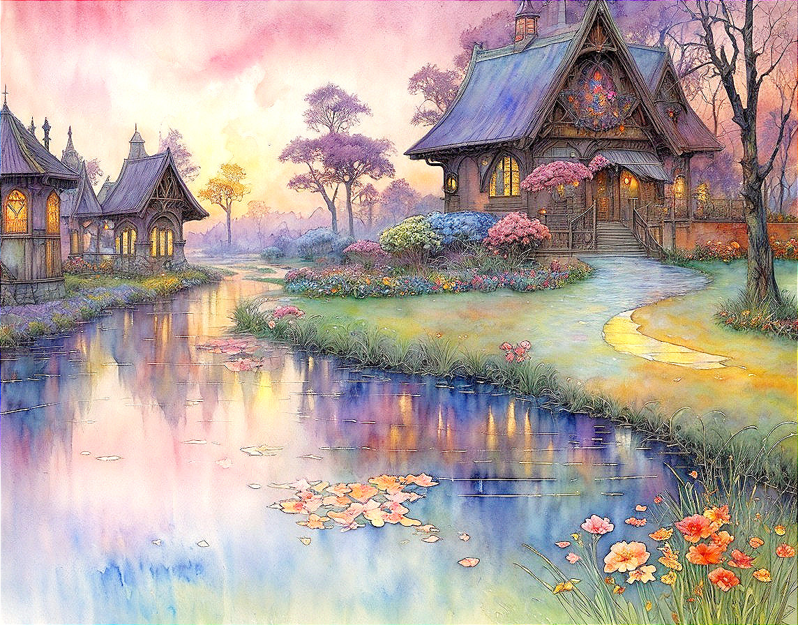 Tranquil River Scene with Charming Cottages at Sunset