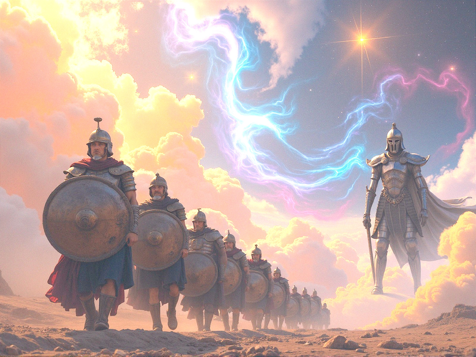Armored Soldiers Marching Under Vibrant Sky
