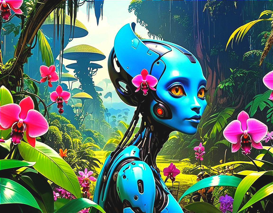 Futuristic Blue Robot in Lush Jungle with Orchids