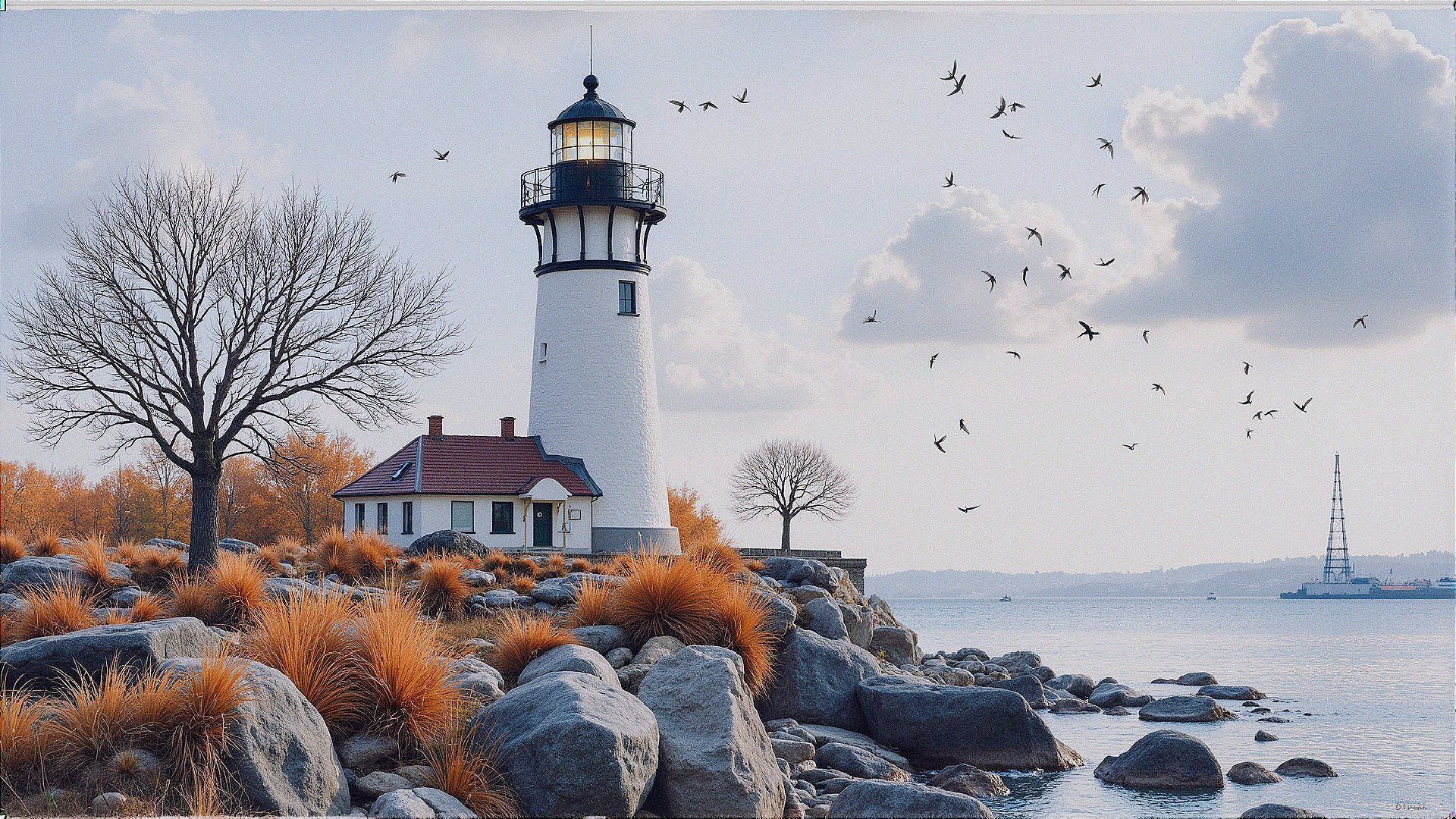 Lighthouse and Cottage in Autumn Landscape