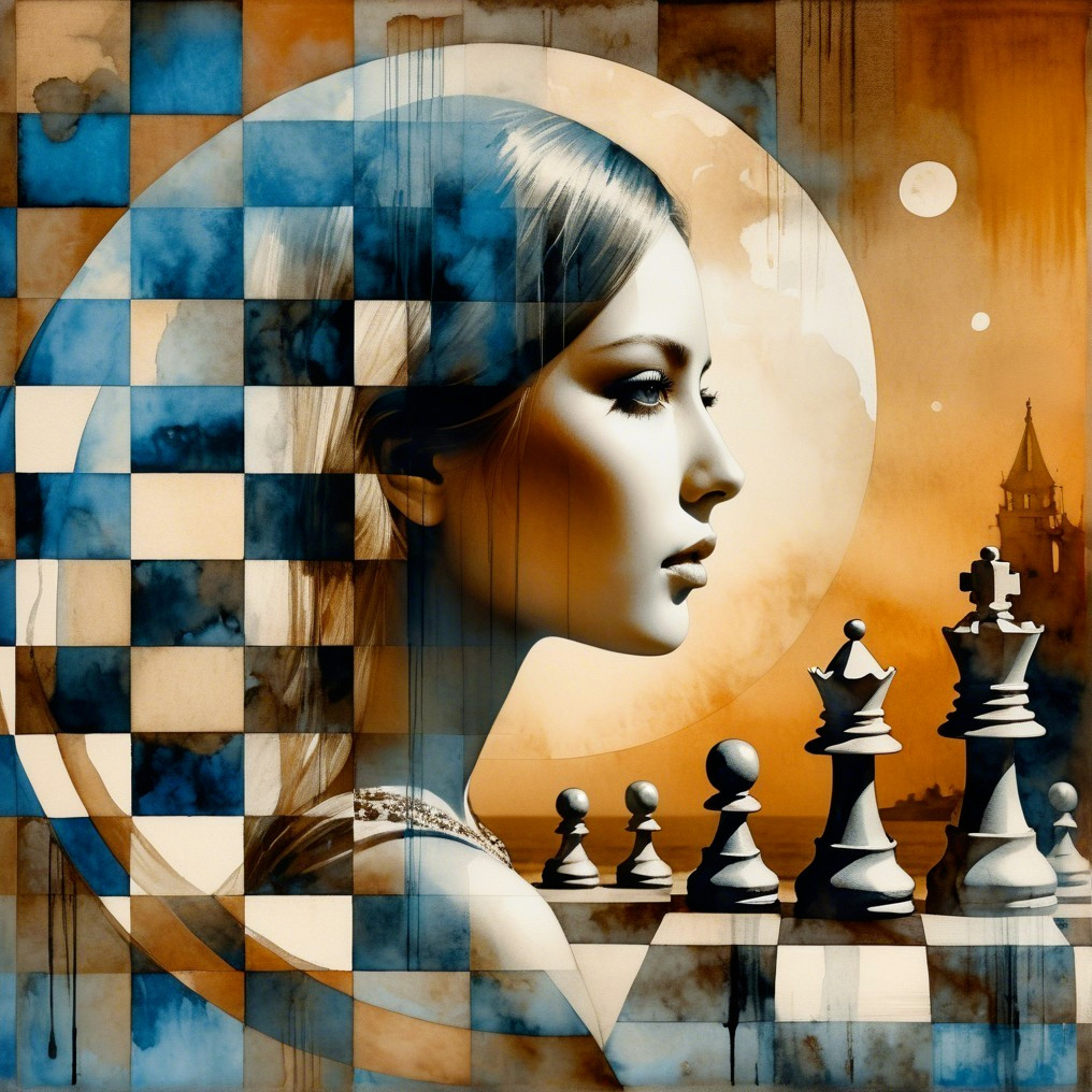 Stylized Woman Profile on Surreal Chessboard Artwork