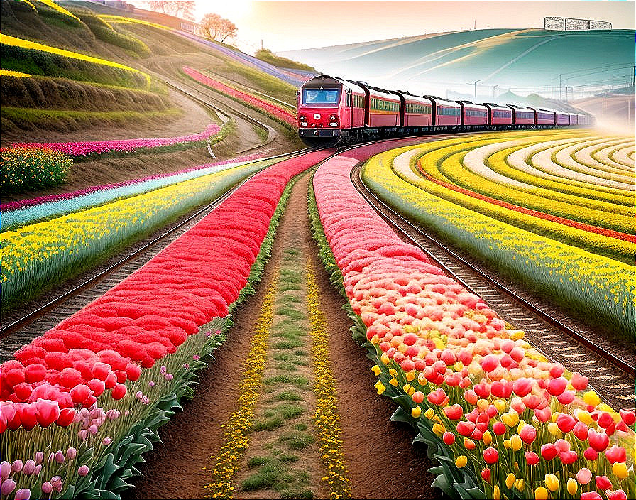 Vibrant Landscape of Flowers Along Railway Tracks