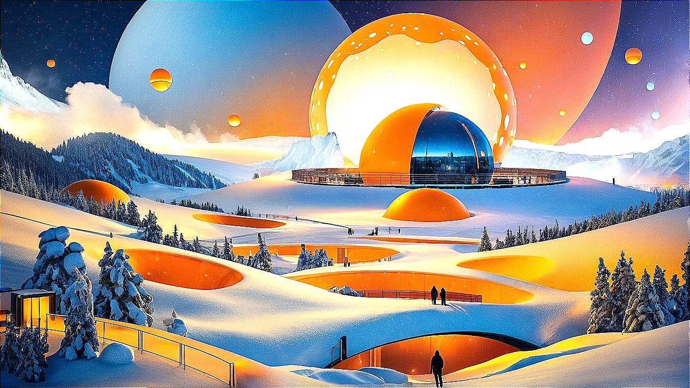 Surreal Winter Landscape with Colorful Spheres and Dome