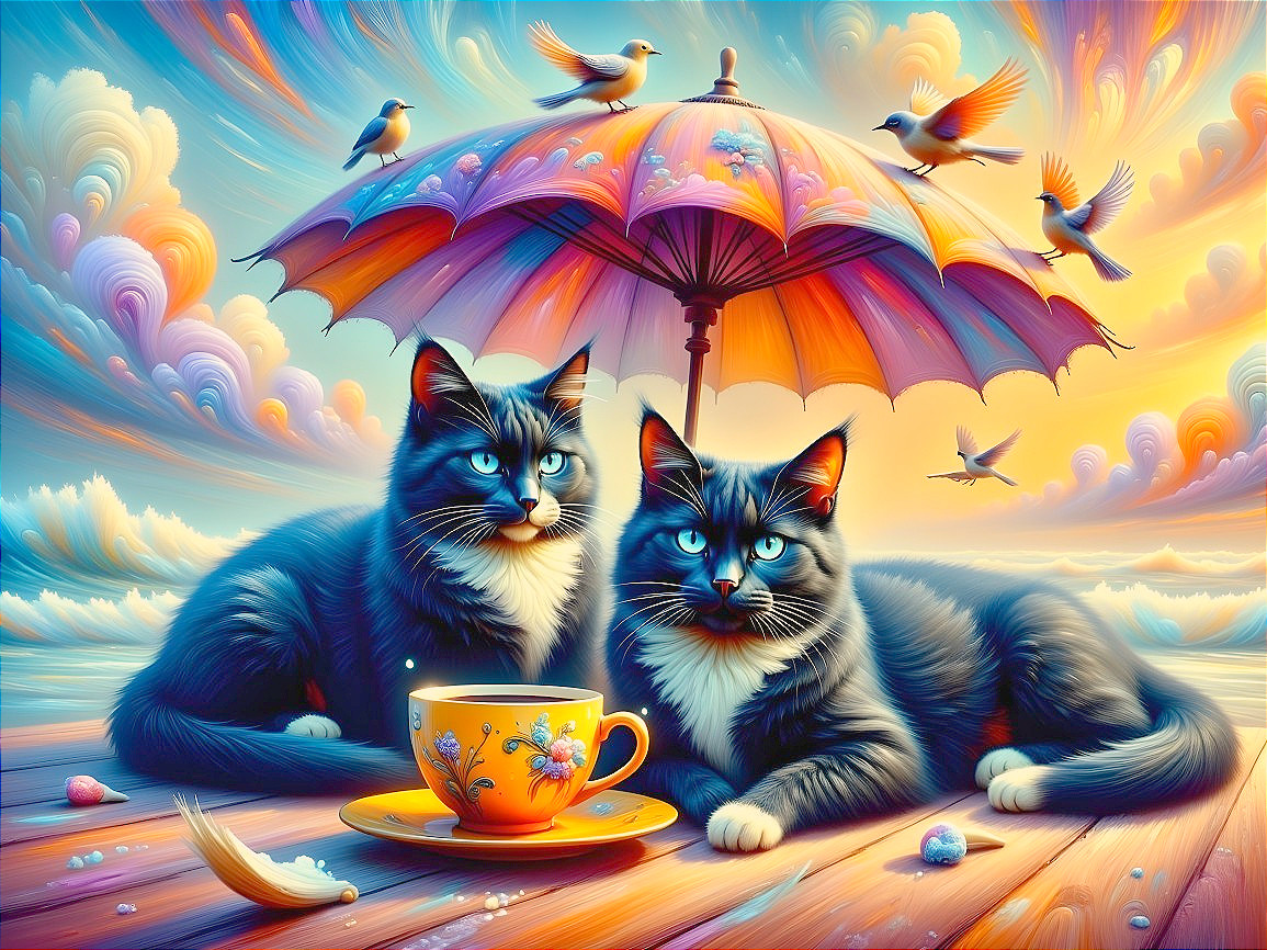 Black and white cats beside floral teacup under umbrella