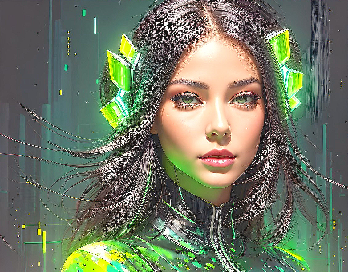 Futuristic digital artwork of woman in green headphones & neon outfit