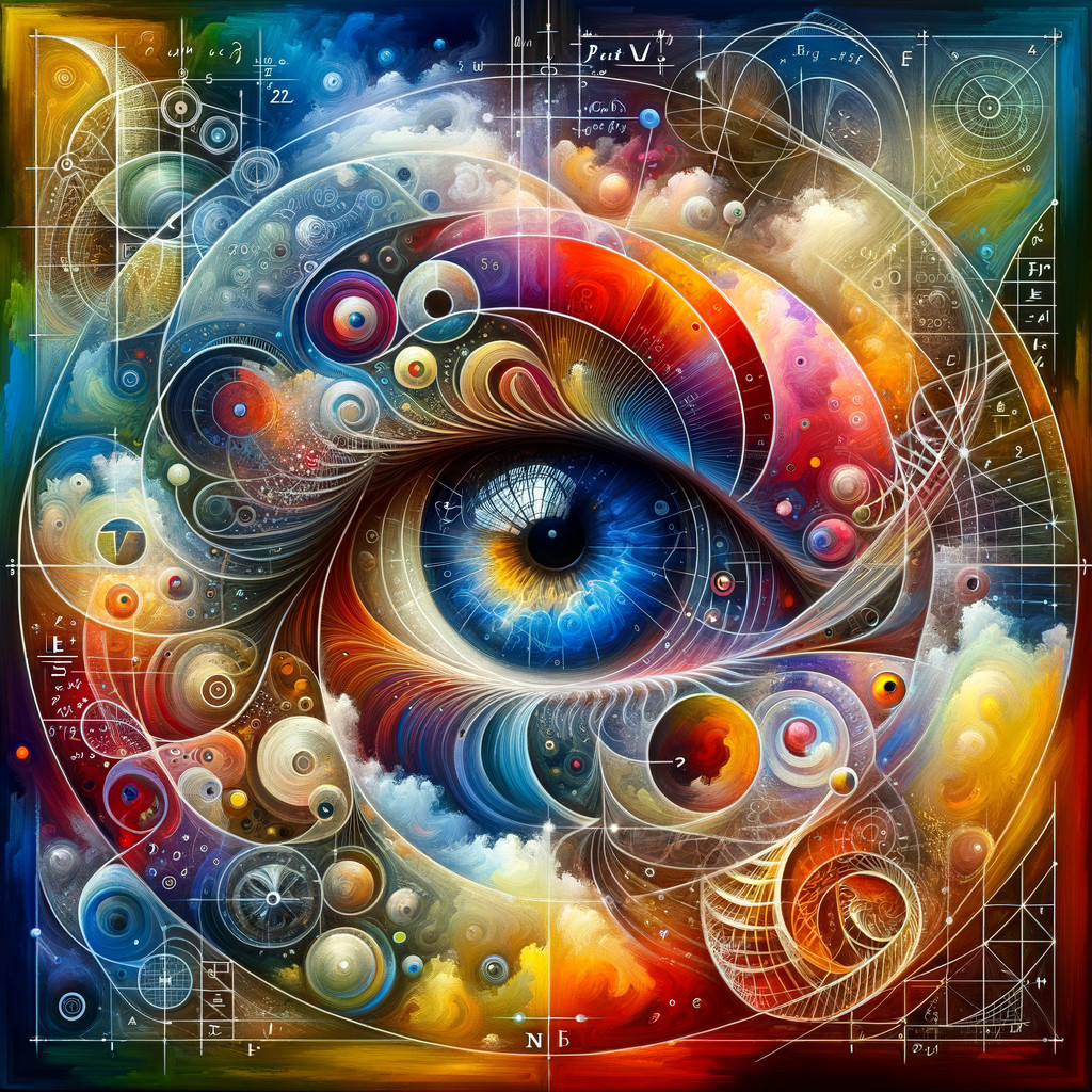 Colorful Eye Surrounded by Cosmic Patterns and Formulas