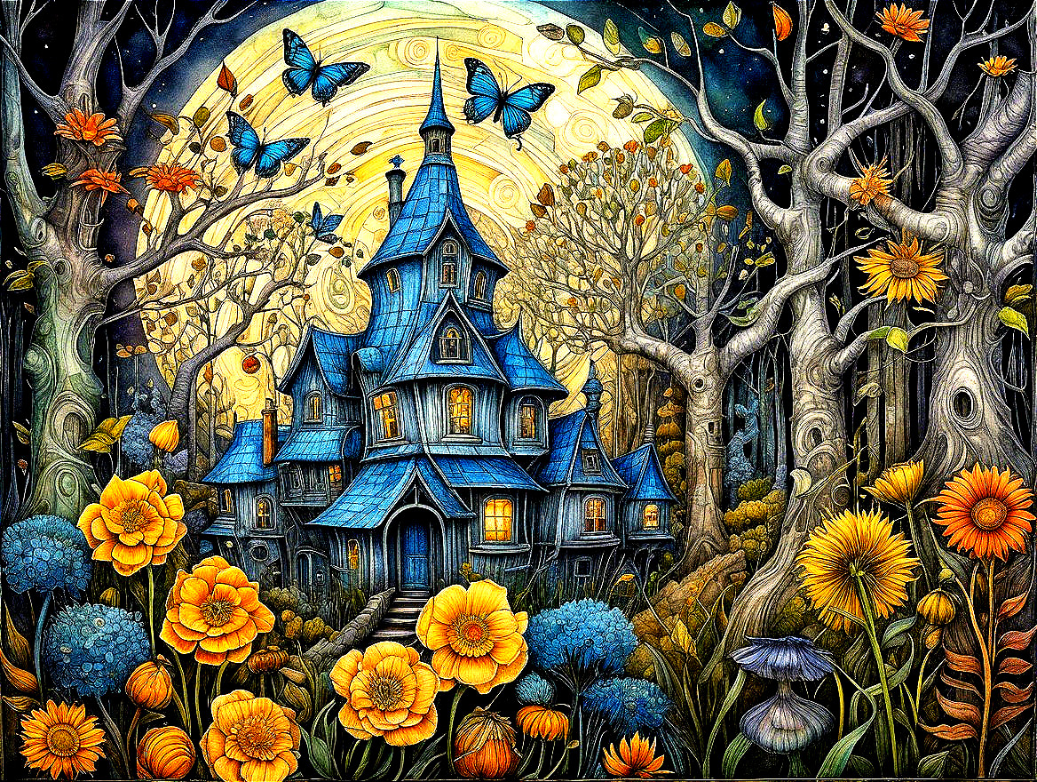Whimsical Blue House in a Vibrant Forest Setting
