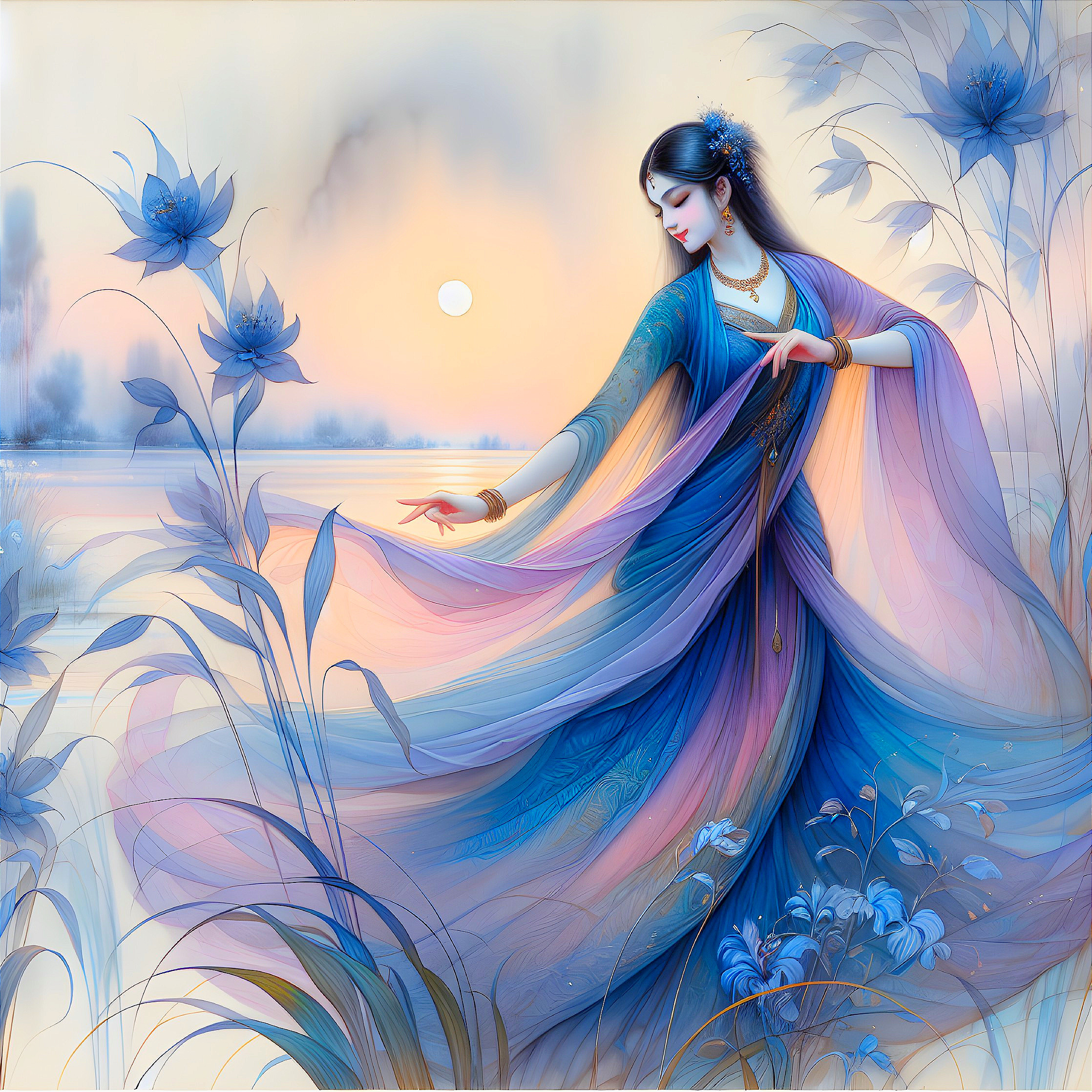 Ethereal Female Figure by Serene River at Sunset