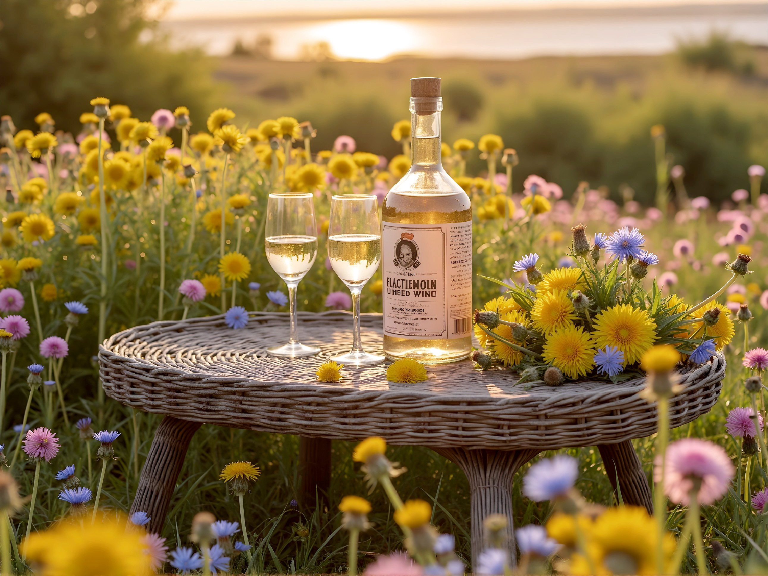 Wicker Table with Wine and Wildflowers at Sunset