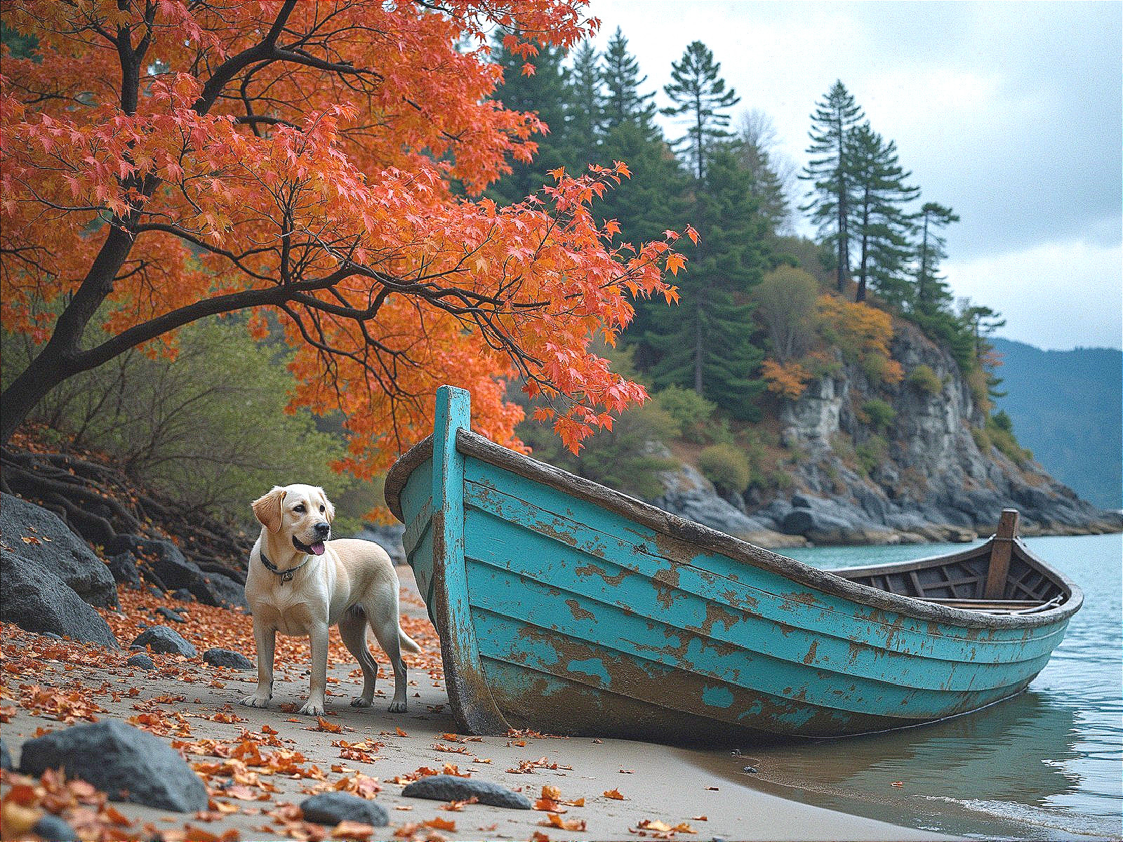 Cheerful Yellow Dog by Lakeshore with Autumn Leaves