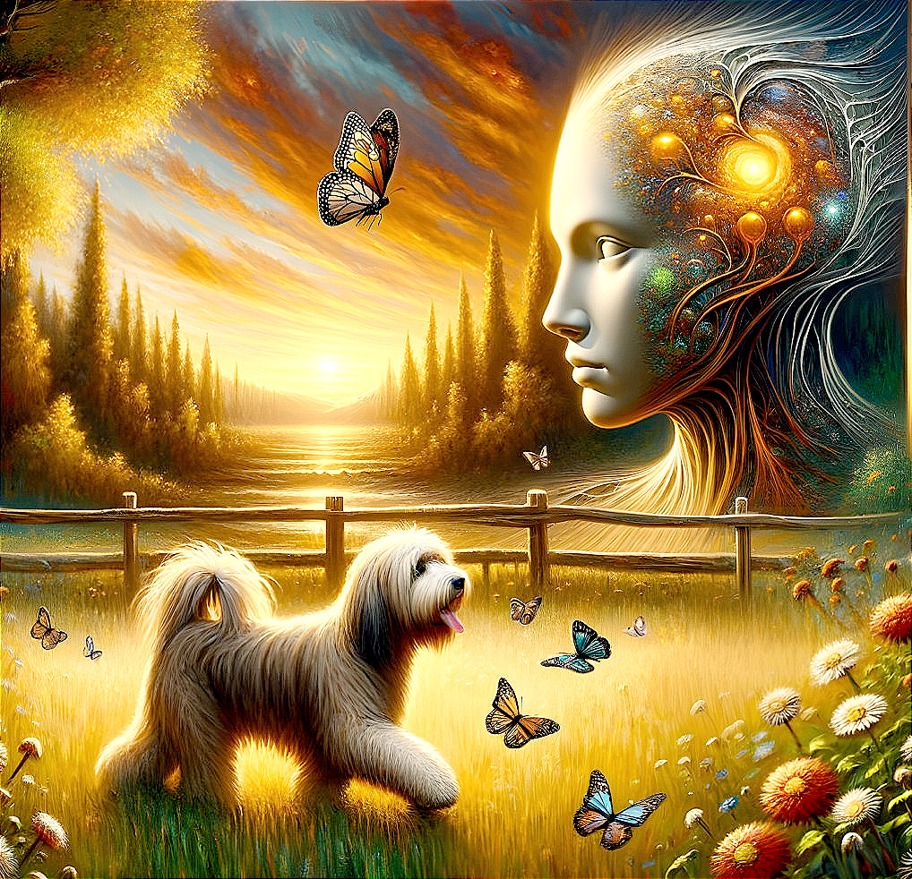 Surreal Landscape with Sunset, Meadow, and Ethereal Face