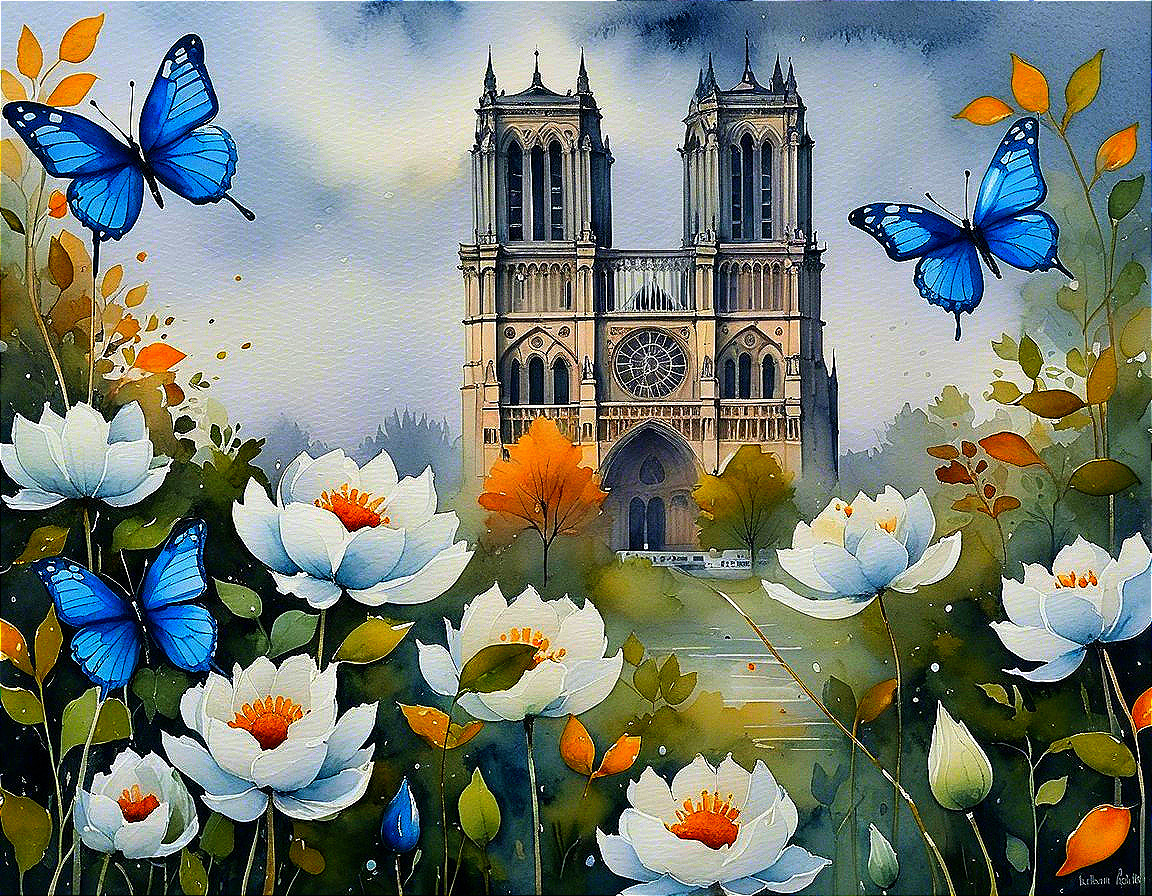 Cathedral in Mist with Butterflies and Blooming Flowers