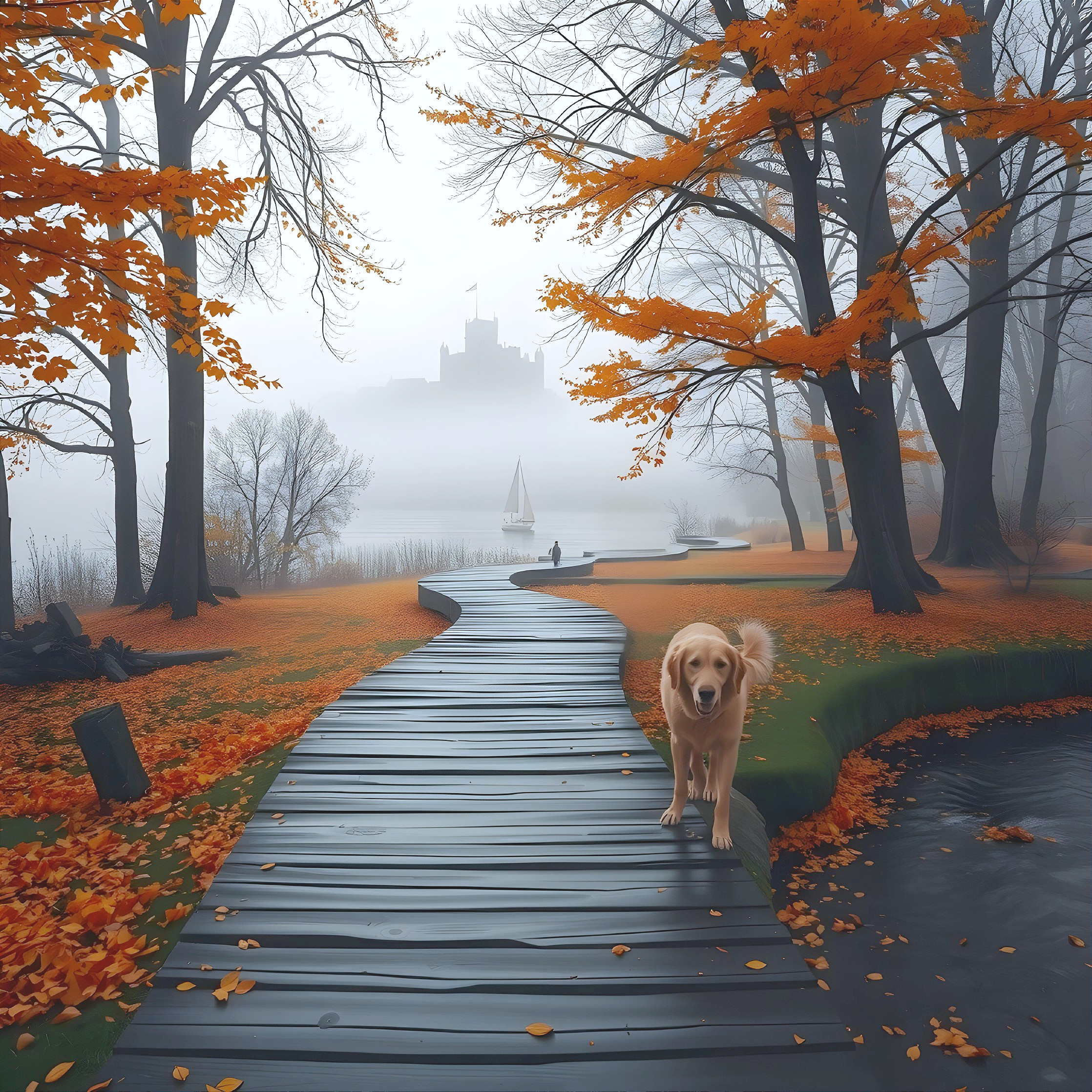 Autumn Scene with Wooden Path and Lake Reflection