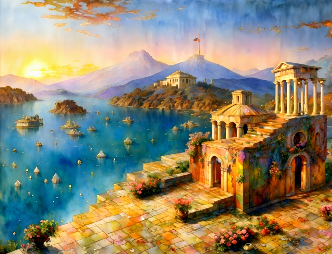 Sunset coastal ancient city painting with classical architecture, boats, and mountains.