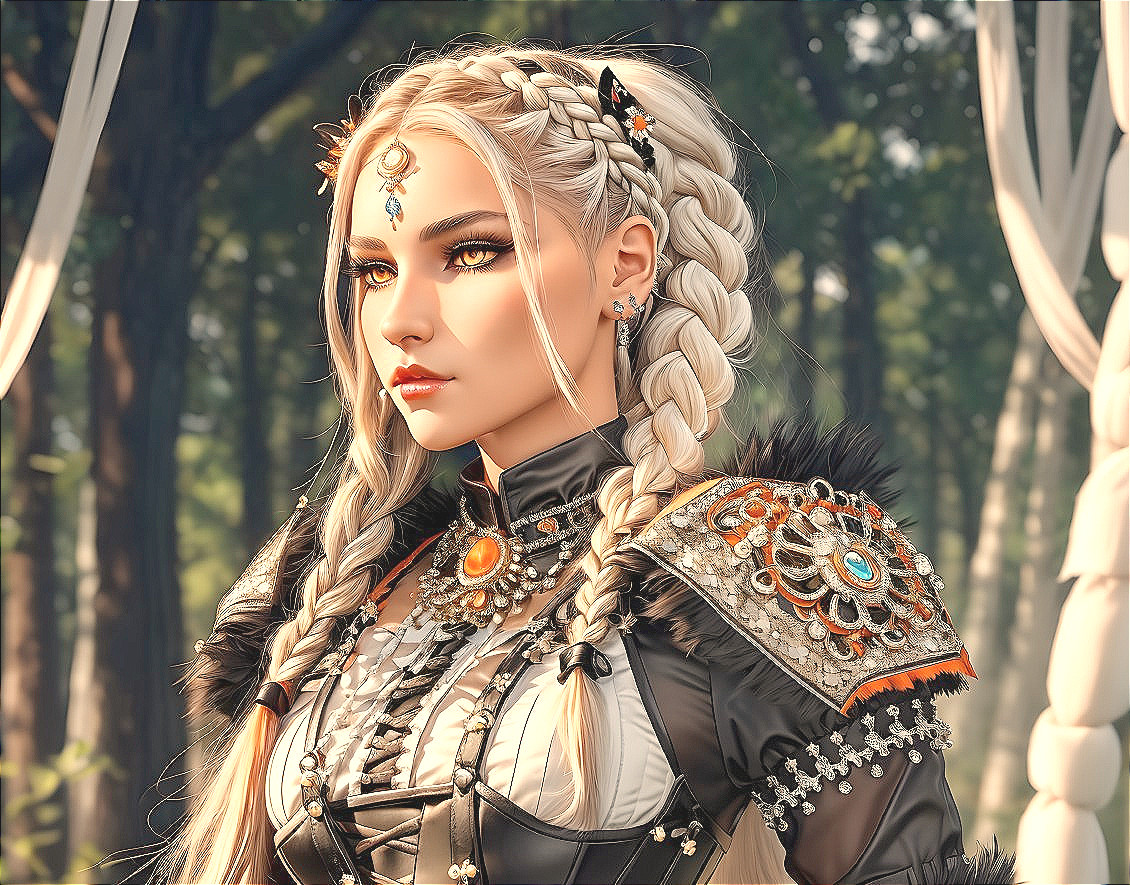 Character with Braided Platinum Hair in Forest Setting