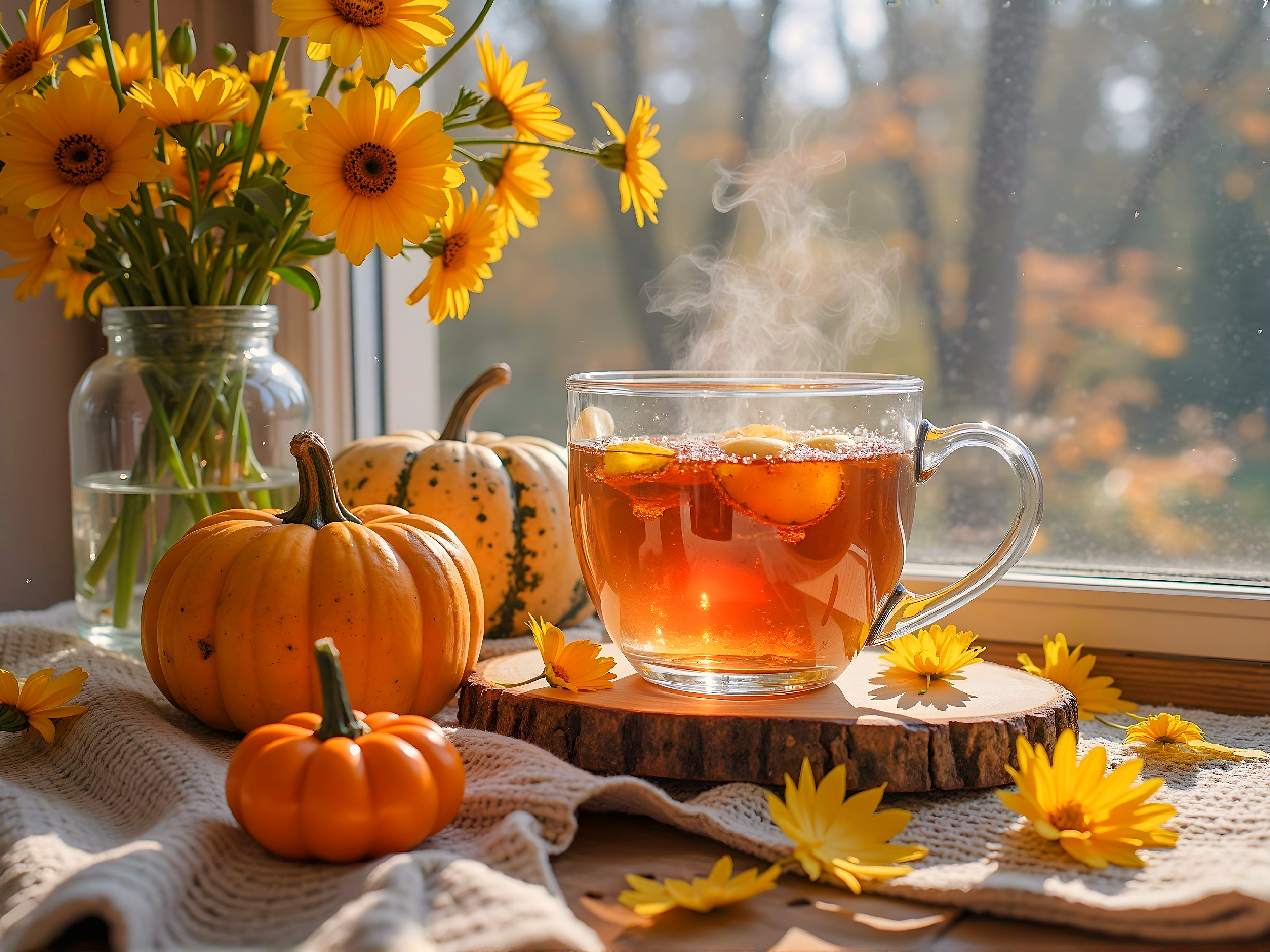Cozy Autumn Scene with Tea, Flowers, and Pumpkins