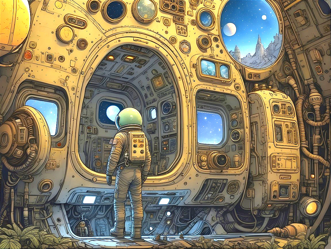 Astronaut in Futuristic Spacecraft with Alien Landscape