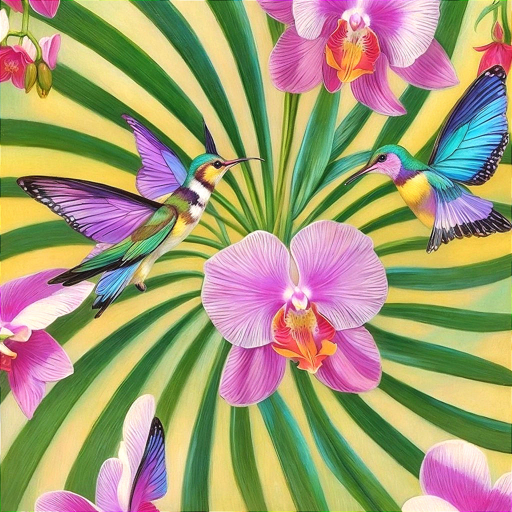 Colorful Hummingbirds Among Pink Orchids and Greenery