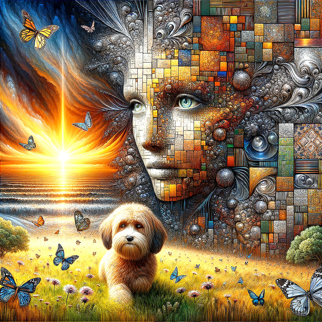 Surreal Landscape with Sunset and Mosaic Face
