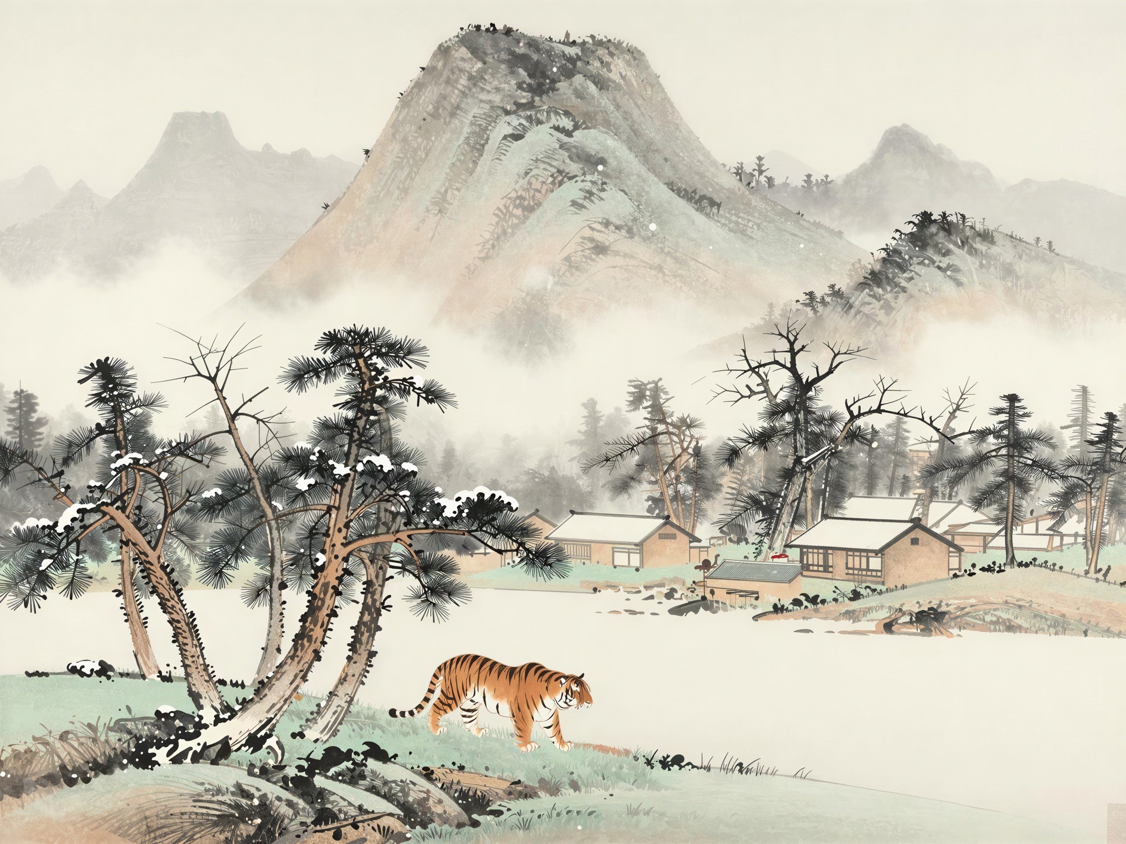 Asian Ink Painting of Winter Mountain Landscape