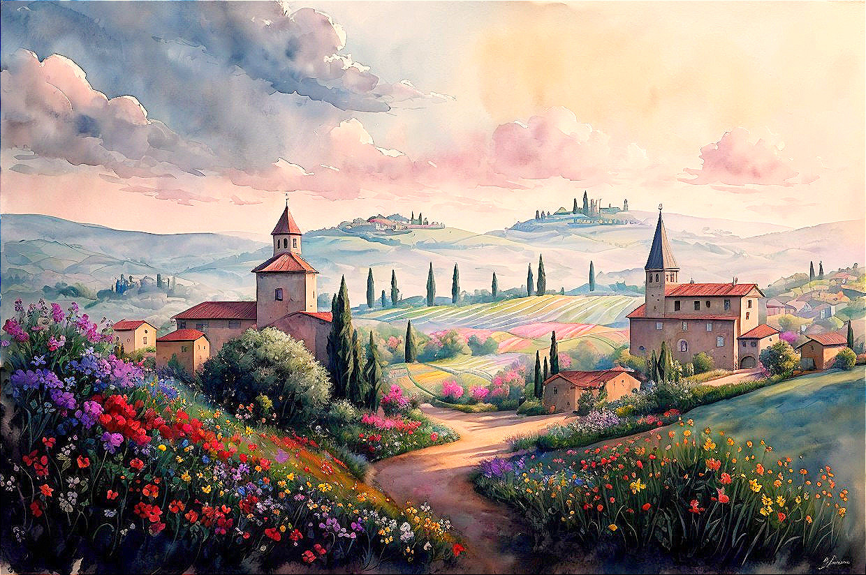 Serene Landscape with Hills, Wildflowers, and Buildings