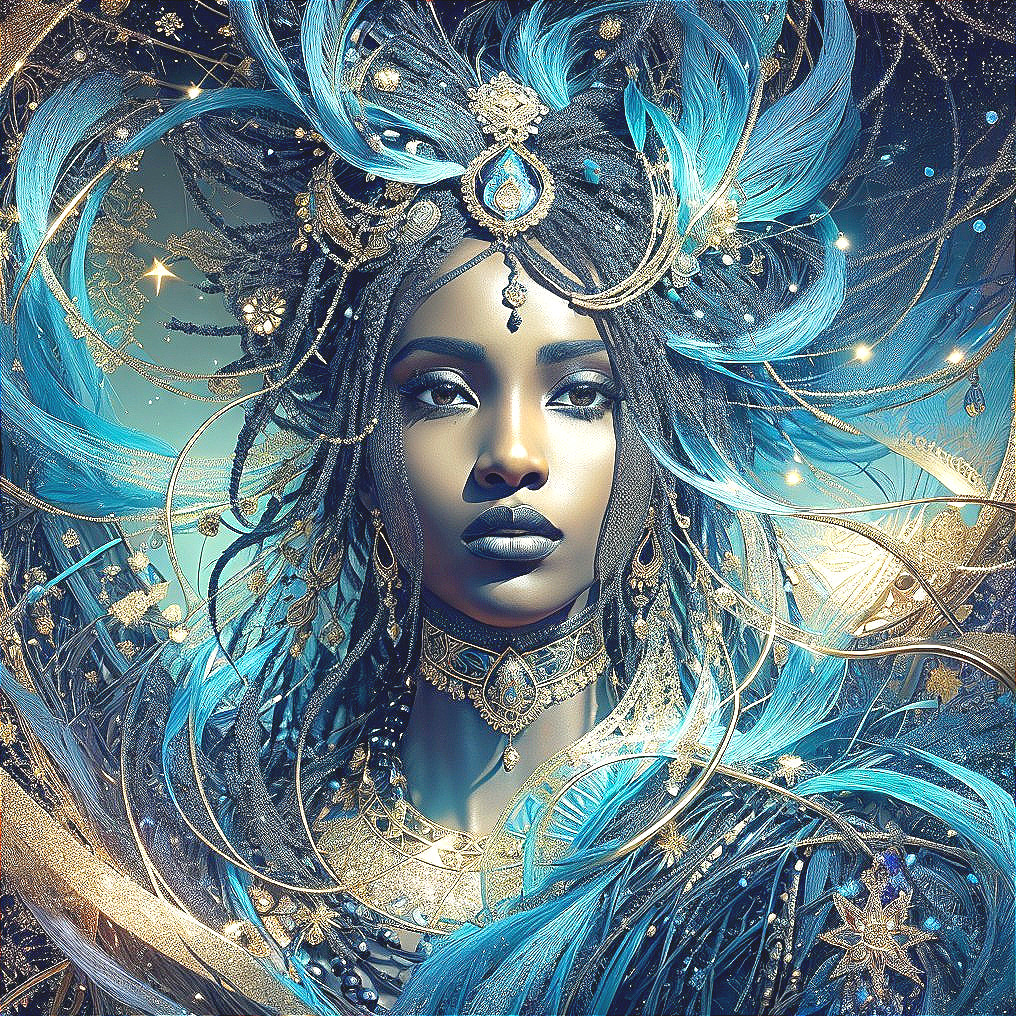 Portrait of a woman with vibrant jewelry and feathers