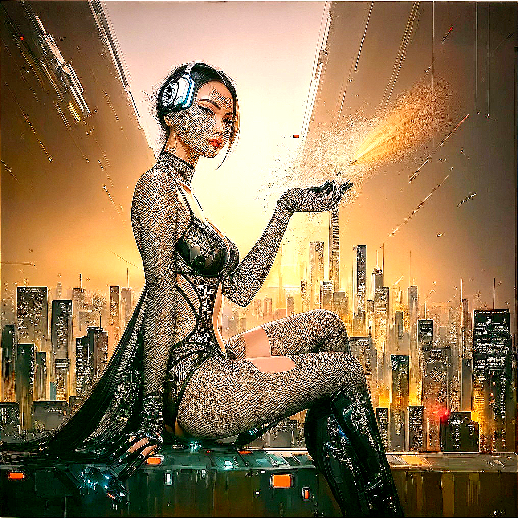 Futuristic female character with headphones on high-rise in cyberpunk cityscape at sunset