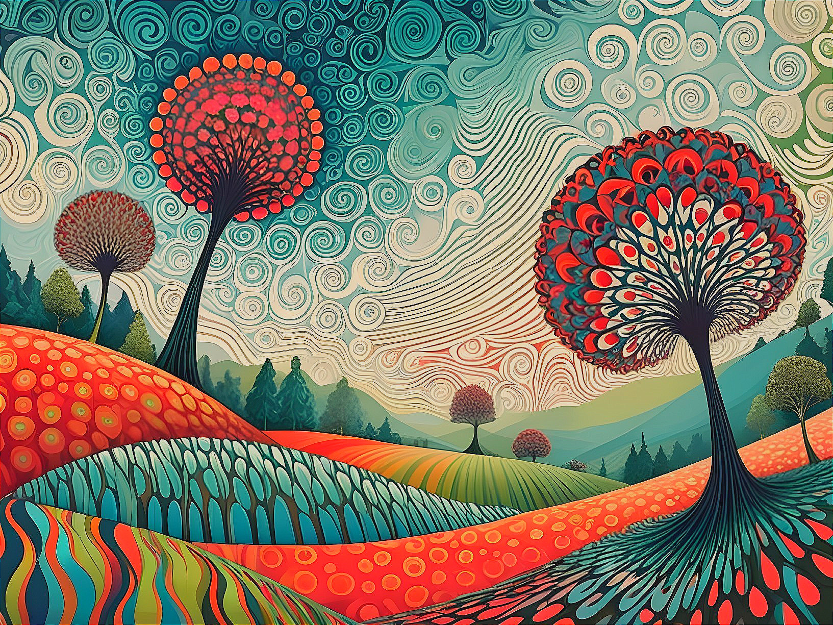 Whimsical Landscape with Oversized Colorful Trees