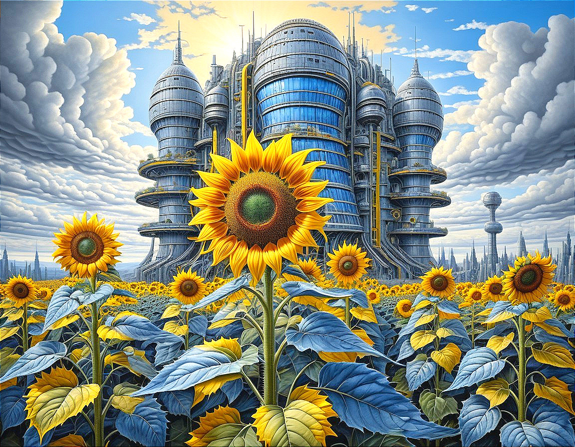 Futuristic Landscape with Metallic Buildings and Sunflowers
