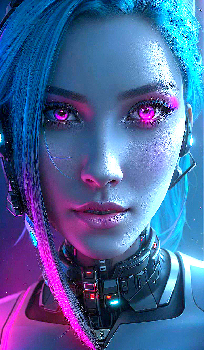 Futuristic Cybernetic Figure with Blue Hair and Technology
