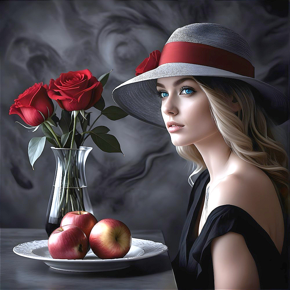 Elegant Woman with Blue Eyes and Red Accents