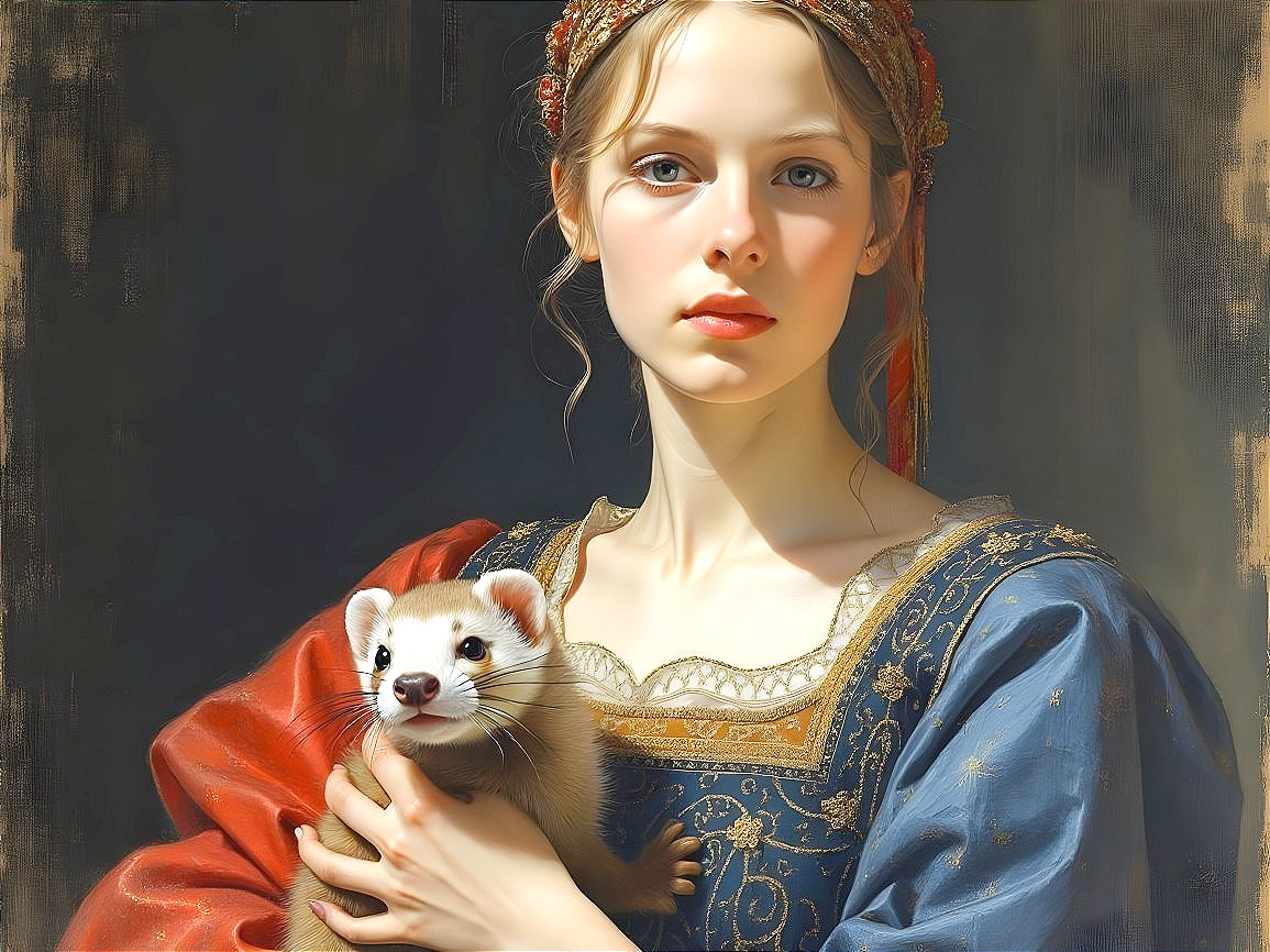 Young woman in historical attire with a furry creature