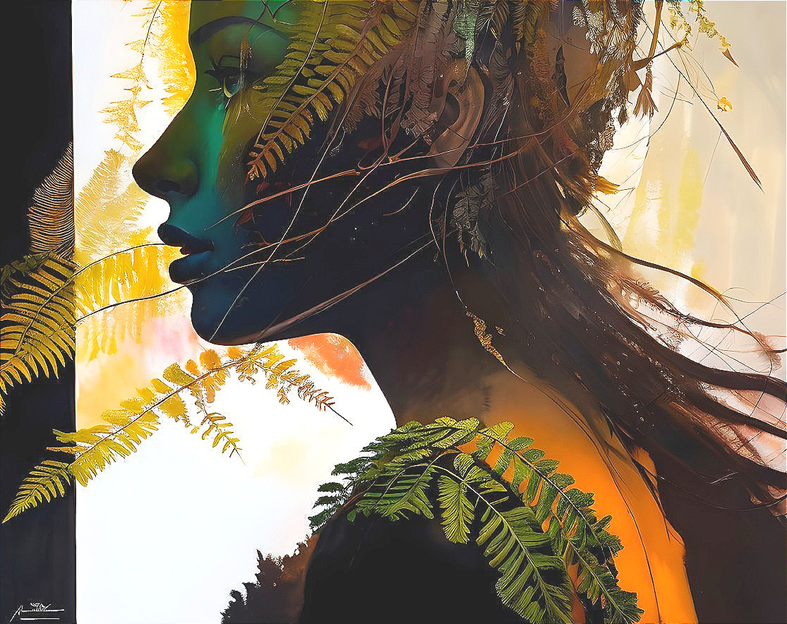 Woman's Profile Overlaid with Vibrant Fern Leaves