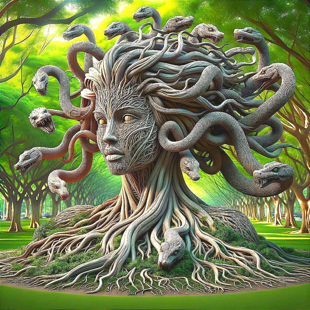 Sculpture of Woman's Face with Serpents and Roots