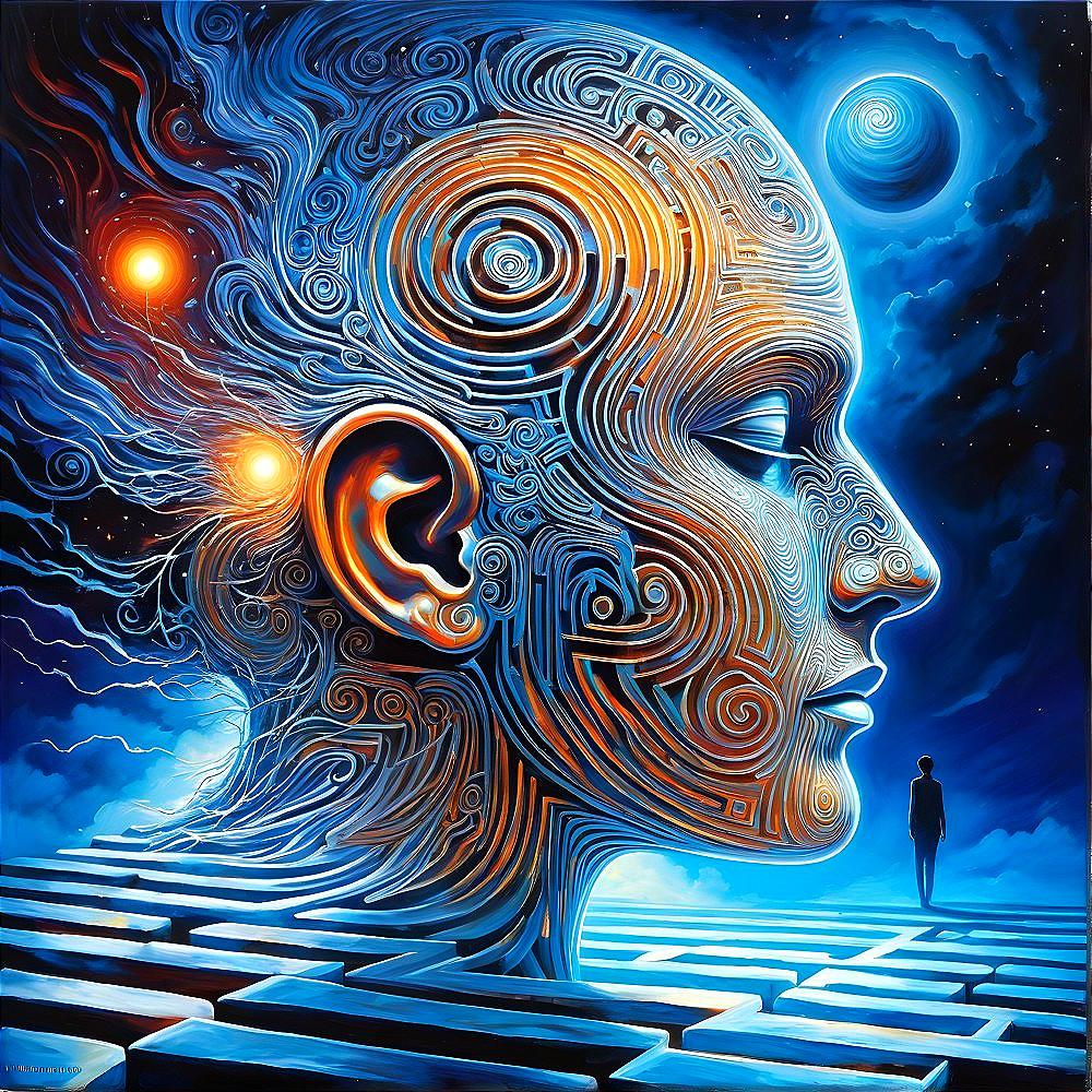 Surreal Face with Spirals in Cosmic Scene