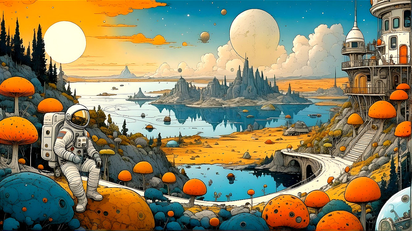 Surreal Landscape with Astronaut and Colorful Mushrooms