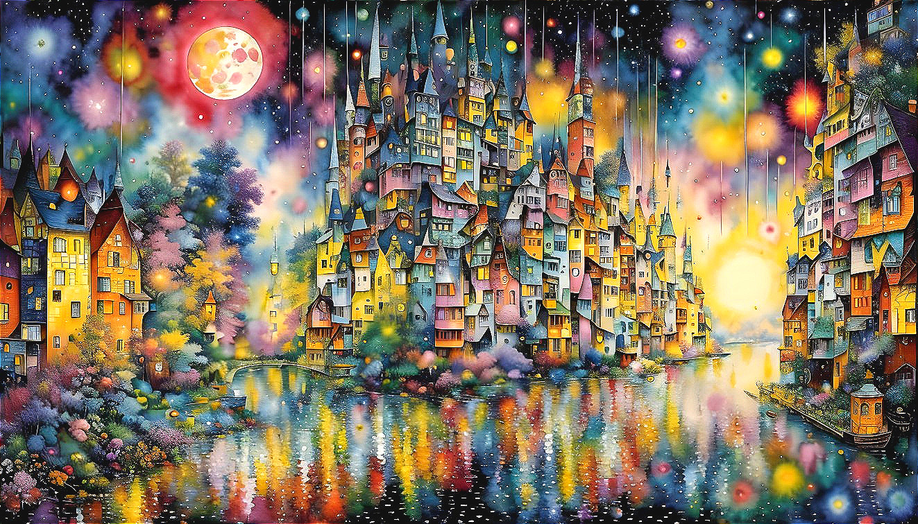 Vibrant Dreamlike Landscape with Whimsical City