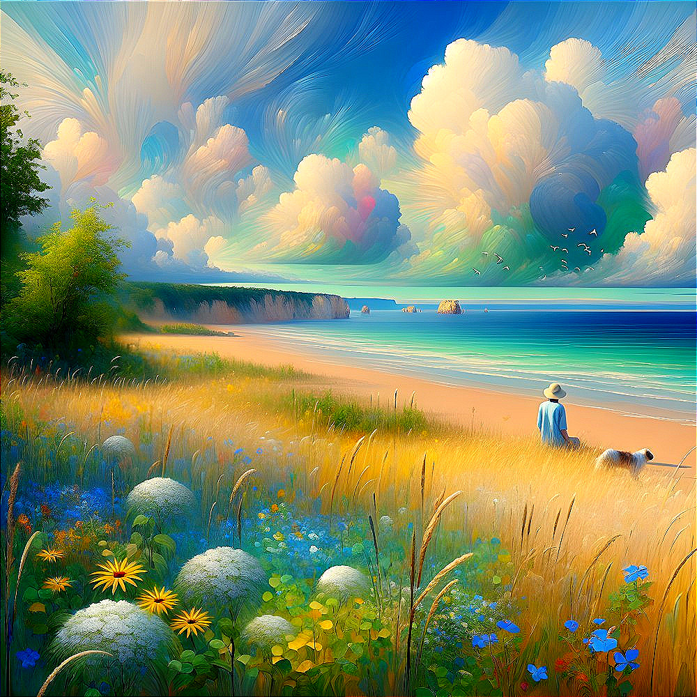 Serene Beach Scene with Vibrant Sky and Greenery