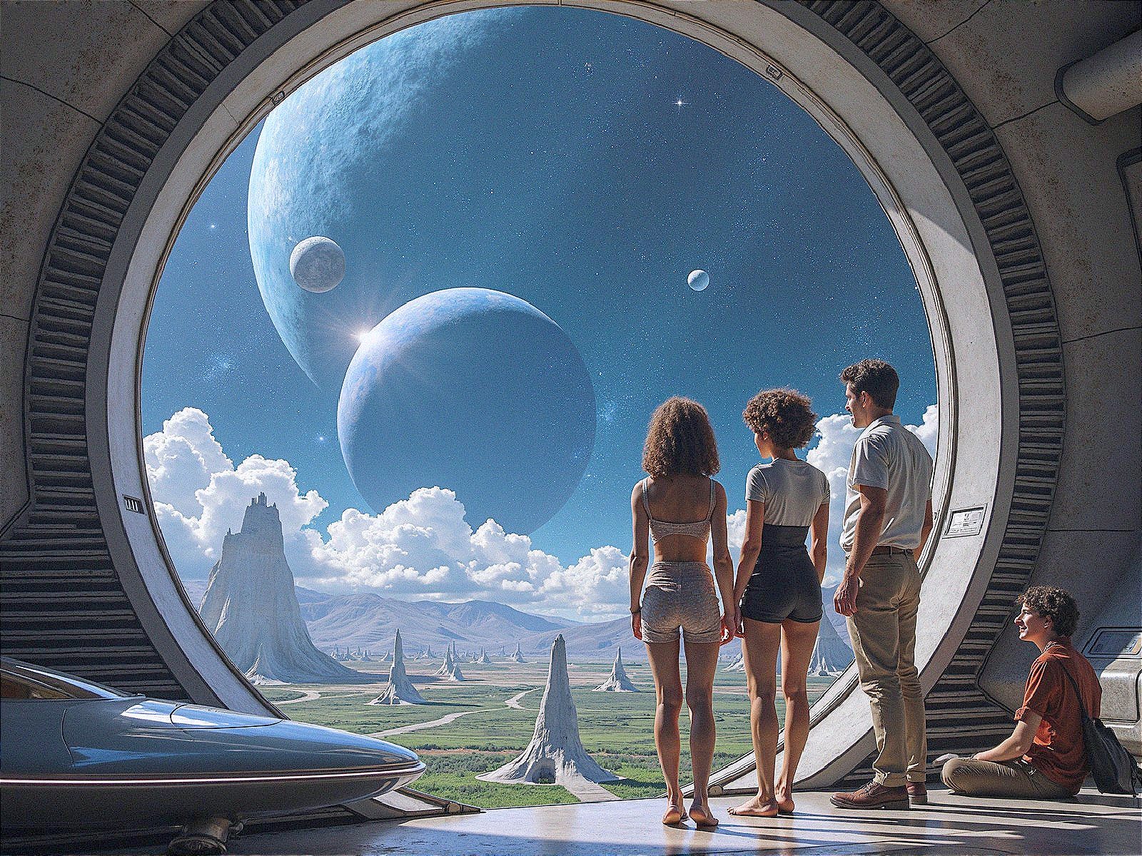 Futuristic Doorway Overlooking Alien Landscape with Planets