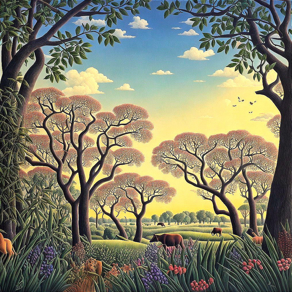 Serene Landscape with Lush Trees and Vibrant Flowers