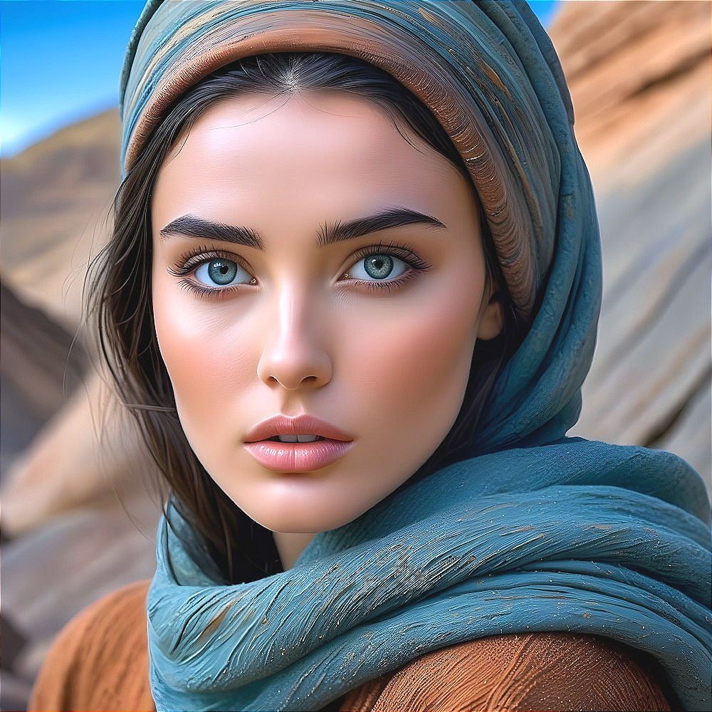 Young woman with blue eyes and flowing scarf in landscape