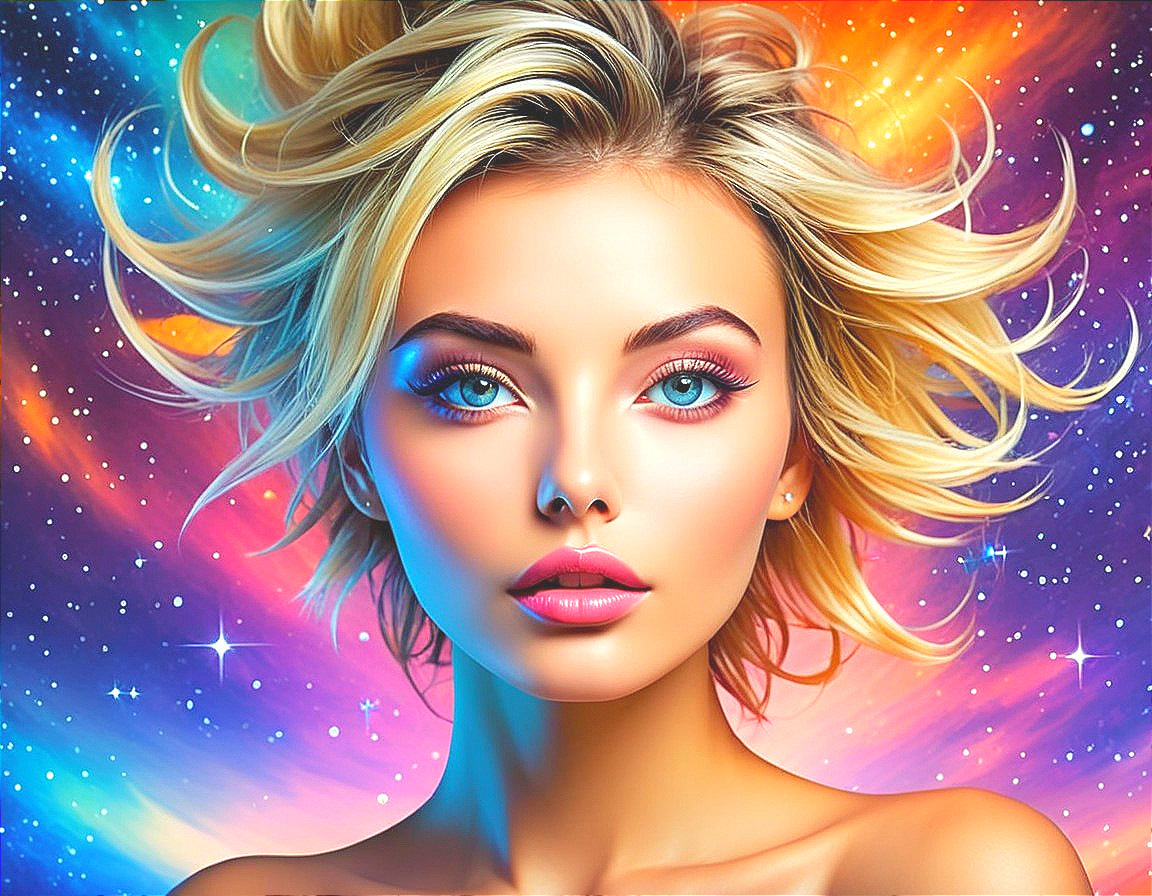 Portrait of a Young Woman with Blue Eyes and Cosmic Background
