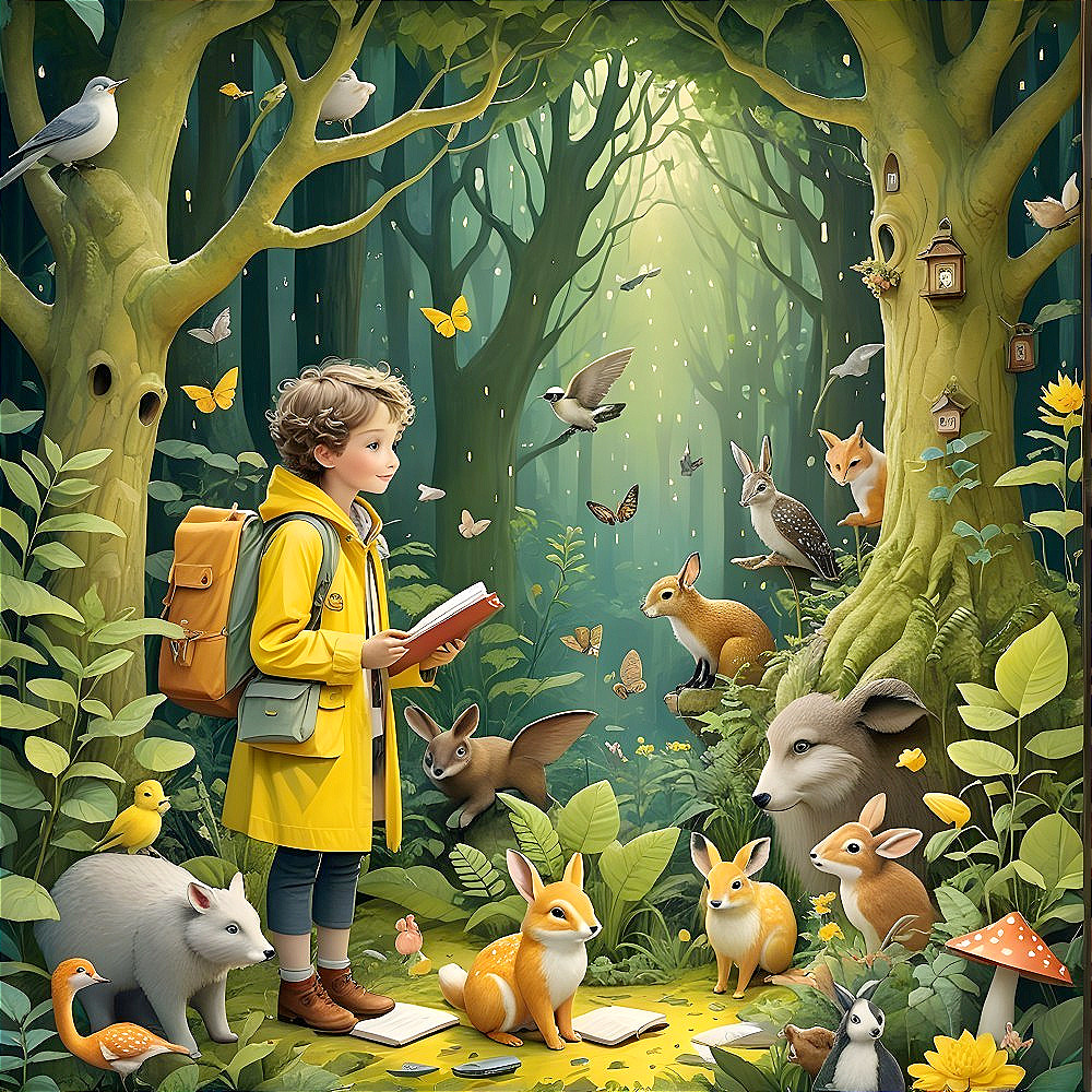 Child in Yellow Raincoat Surrounded by Woodland Animals