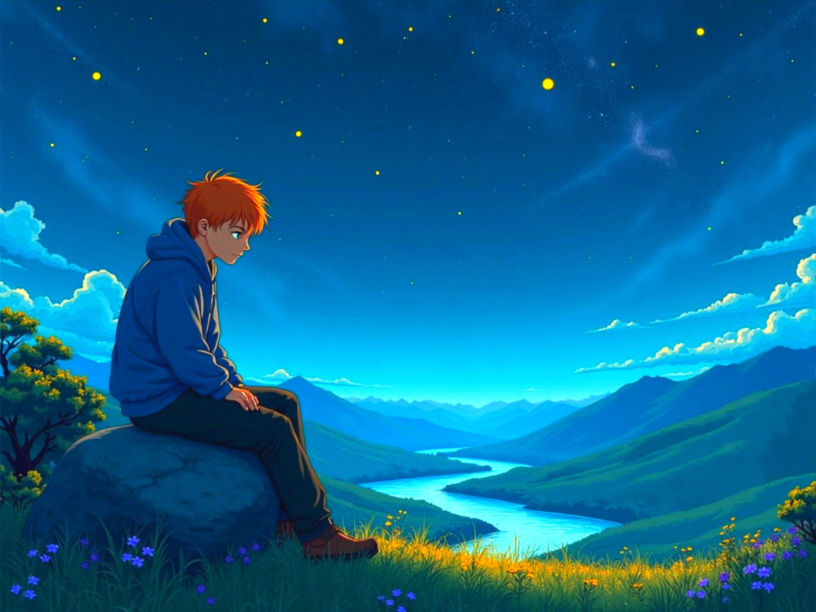 Young boy with orange hair by serene river in valley