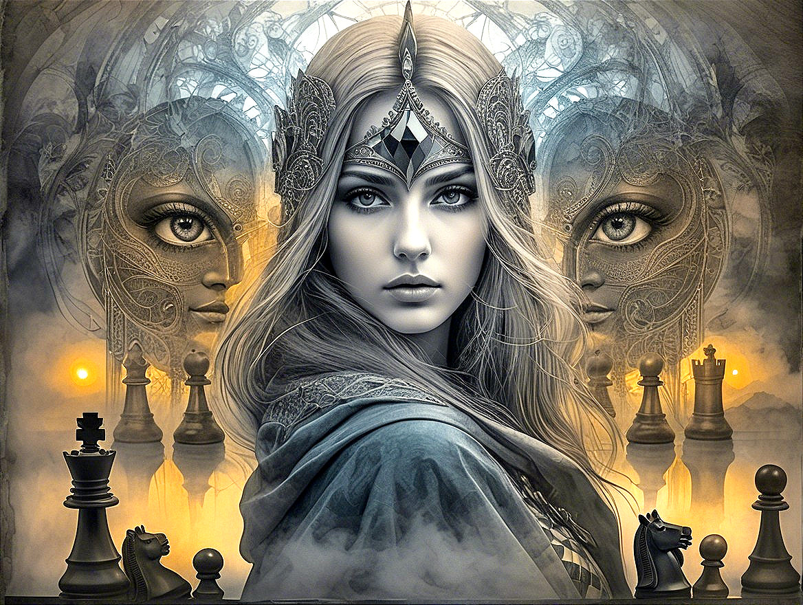 Regal Woman in Mystical Chessboard Setting
