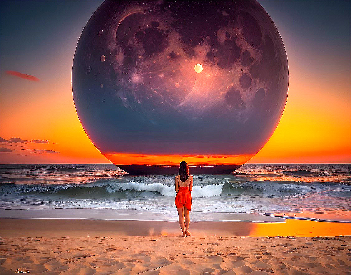 Woman admires surreal moon on beach at sunset