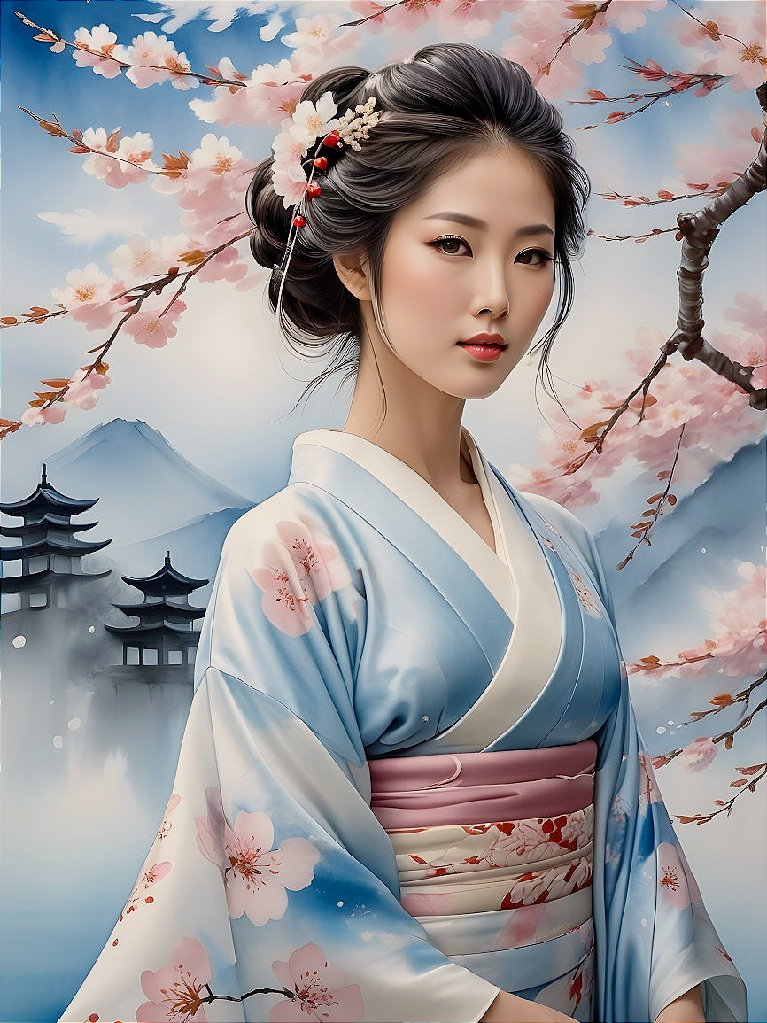 Young Woman in Kimono Surrounded by Cherry Blossoms