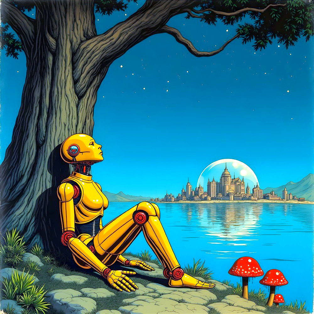 Yellow Robot Under Tree by Serene Lake and City Skyline