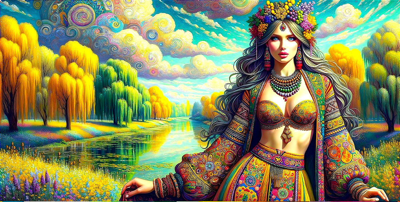 Vibrant Woman in Colorful Traditional Attire by River